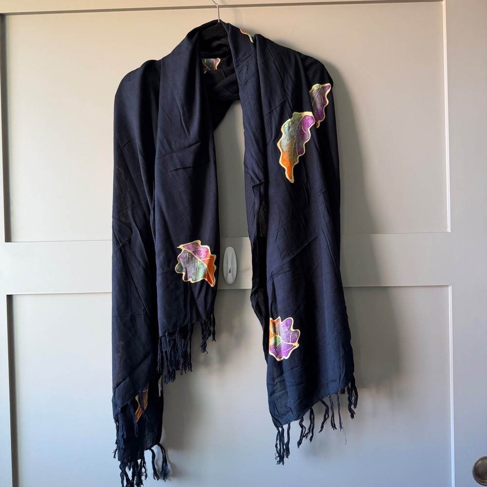 Alegre Sarong Wrap Women OS Black Multi Leaf Batik Handmade Fringed Scarf